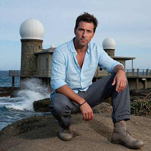 Photograph of a muscular, attractive man with short brown hair, wearing a light blue shirt and dark jeans, squatting on a rocky beach, with