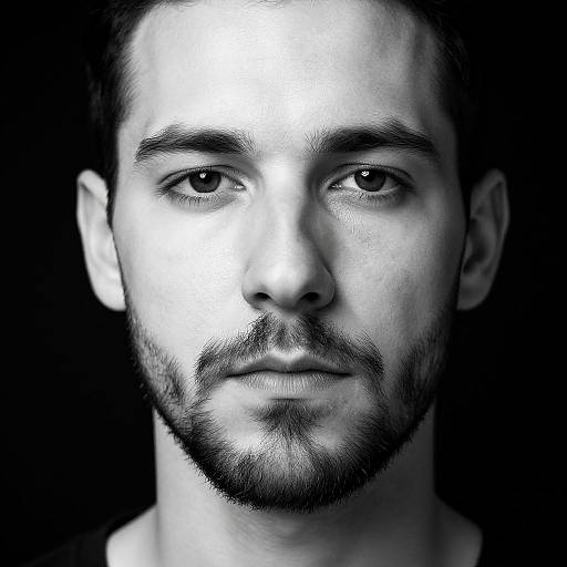 Black-and-white photographic portrait of a bearded man with intense gaze, short dark hair, and slightly parted lips, set against a dark background. High