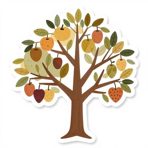 Digital illustration of a stylized apple tree with brown trunk, green and yellow leaves, and variously colored apples in orange, red, and yellow,