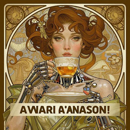 Digital art of a cybernetic woman with curly red hair, holding a teacup, surrounded by ornate patterns, labeled 