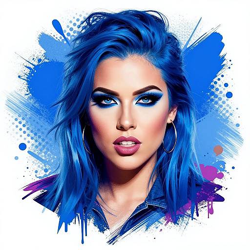 Digital portrait of a blue-haired woman with bold makeup, piercing blue eyes, and hoop earrings, set against a splattered blue and purple background.