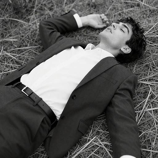 Young Man in Suit Lying on Grass