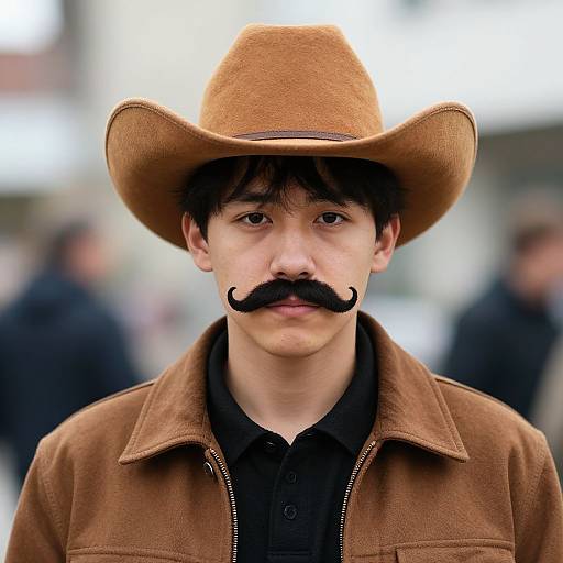 Photograph of a young man with fair skin, black mustache, brown cowboy hat, brown leather jacket, and black shirt, standing outdoors with blurred