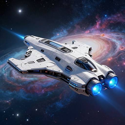 Digital art of a sleek, white, triangular spaceship with blue engines, soaring through a vibrant, colorful galaxy with a swirling nebula.