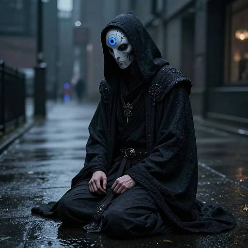 Cybernetic Sorcerer Kneeling in Rain