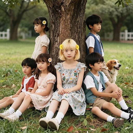 Photograph of six Asian children, three girls and three boys, sitting against a tree in a grassy park, with a golden retriever. Casual