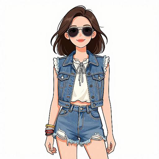 Smiling Woman in Denim Shorts and Vest