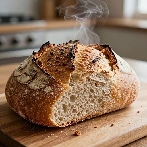 Photograph of a freshly baked, crusty loaf of bread with a steaming top, resting on a wooden cutting board in a sunlit kitchen.