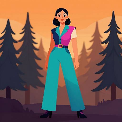 Digital illustration of a woman with black hair, wearing a pink and blue sleeveless top, teal high-waisted pants, black belt, and black
