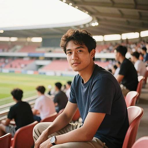 Photograph of an Indian man with curly black hair, medium build, wearing a black t-shirt and beige pants, sitting in a stadium, watching a