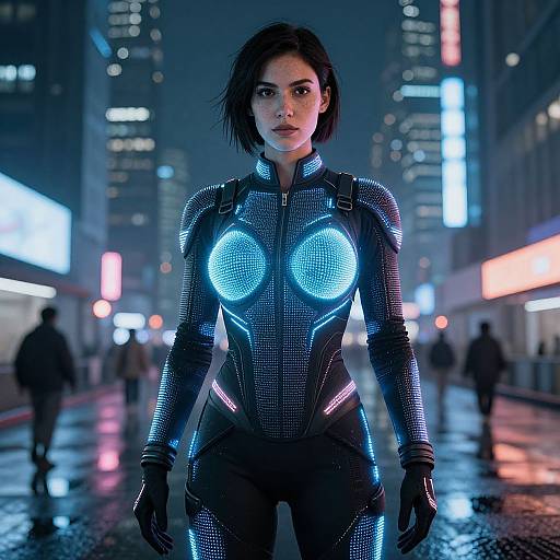 Photorealistic CGI of a fierce, dark-haired woman in a glowing, black, form-fitting suit with neon blue circular lights, standing confidently in