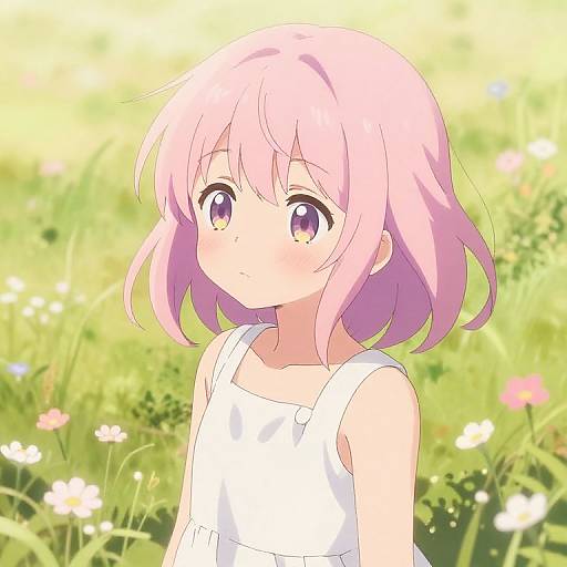 Digital anime-style drawing of a cute, young girl with pink, shoulder-length hair, wearing a white sleeveless dress, standing in a bright, sun
