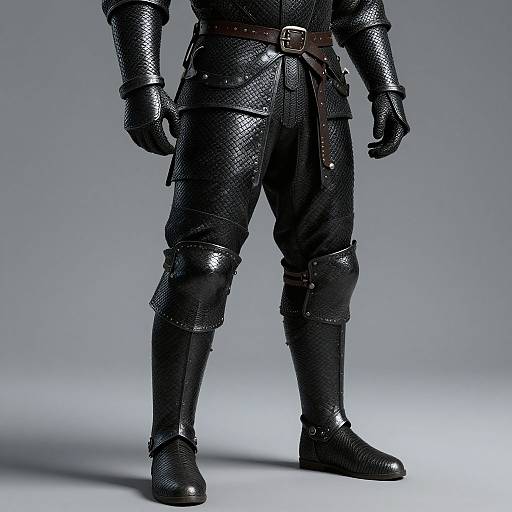 Photograph of a medieval-style armored figure from waist to ankles, wearing black, textured, metal plate armor with a leather belt and black gloves, boots