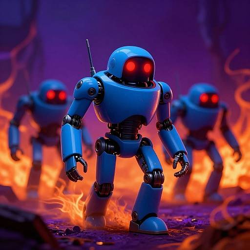 Photorealistic CGI of three blue robotic figures with glowing red eyes, standing amid fiery flames in a dark, purple-lit environment.