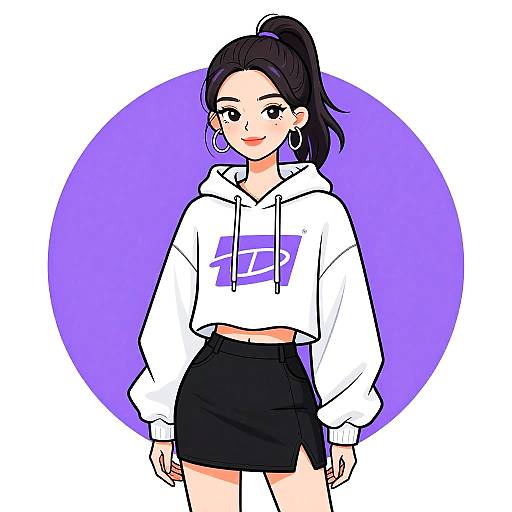 Digital anime-style drawing of a smiling woman with black hair in a ponytail, wearing a white hoodie with purple letters, black skirt, hoop earrings,
