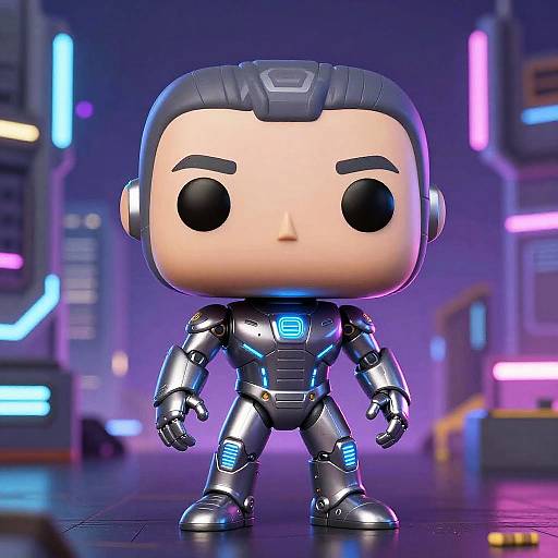 Chibi-style, digital CGI of a bald, armored superhero with large black eyes, glowing blue accents, standing in a neon-lit futuristic cityscape