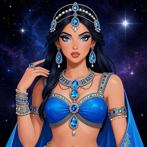 Digital artwork of a stunning woman with long black hair, blue eyes, and fair skin, wearing a blue gemstone-embellished bra, matching