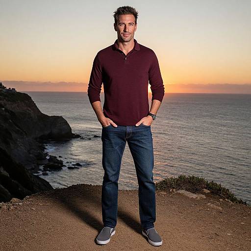 Photograph of a smiling man with short, spiked brown hair, wearing a maroon polo shirt, blue jeans, and gray sneakers, standing on a