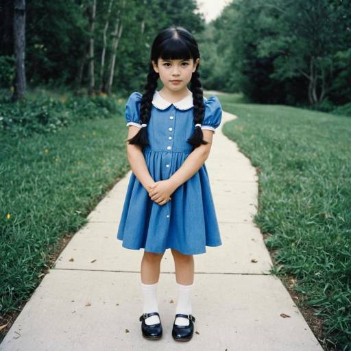 Young girl in blue dress standing on path