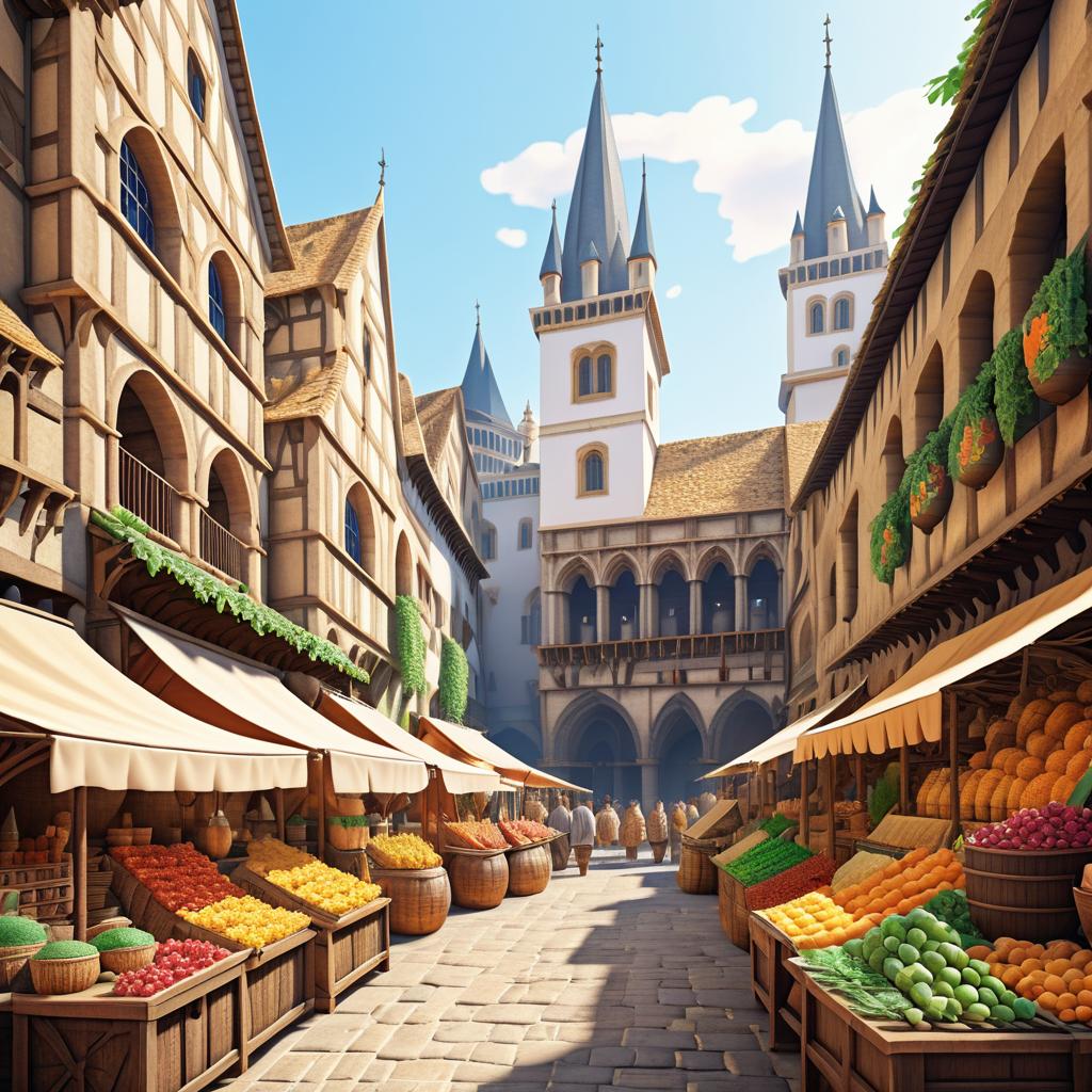 Vibrant Medieval Marketplace in Gouache