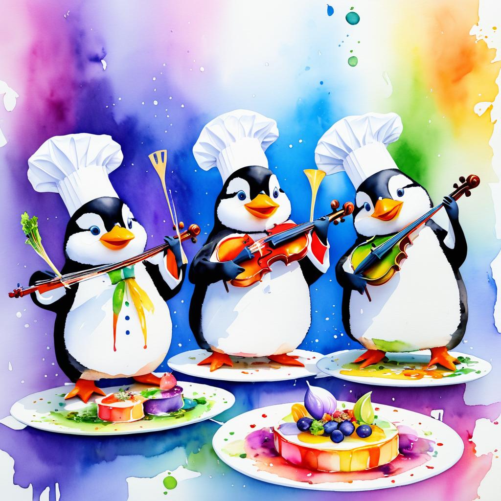 Whimsical Penguin Chef Quartet in Watercolor