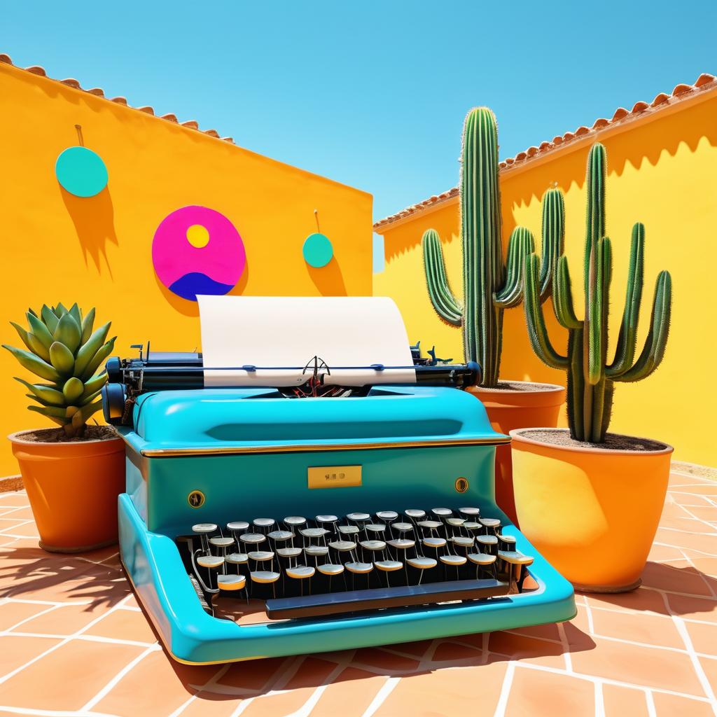 Surreal Vintage Typewriter and Cactus Art