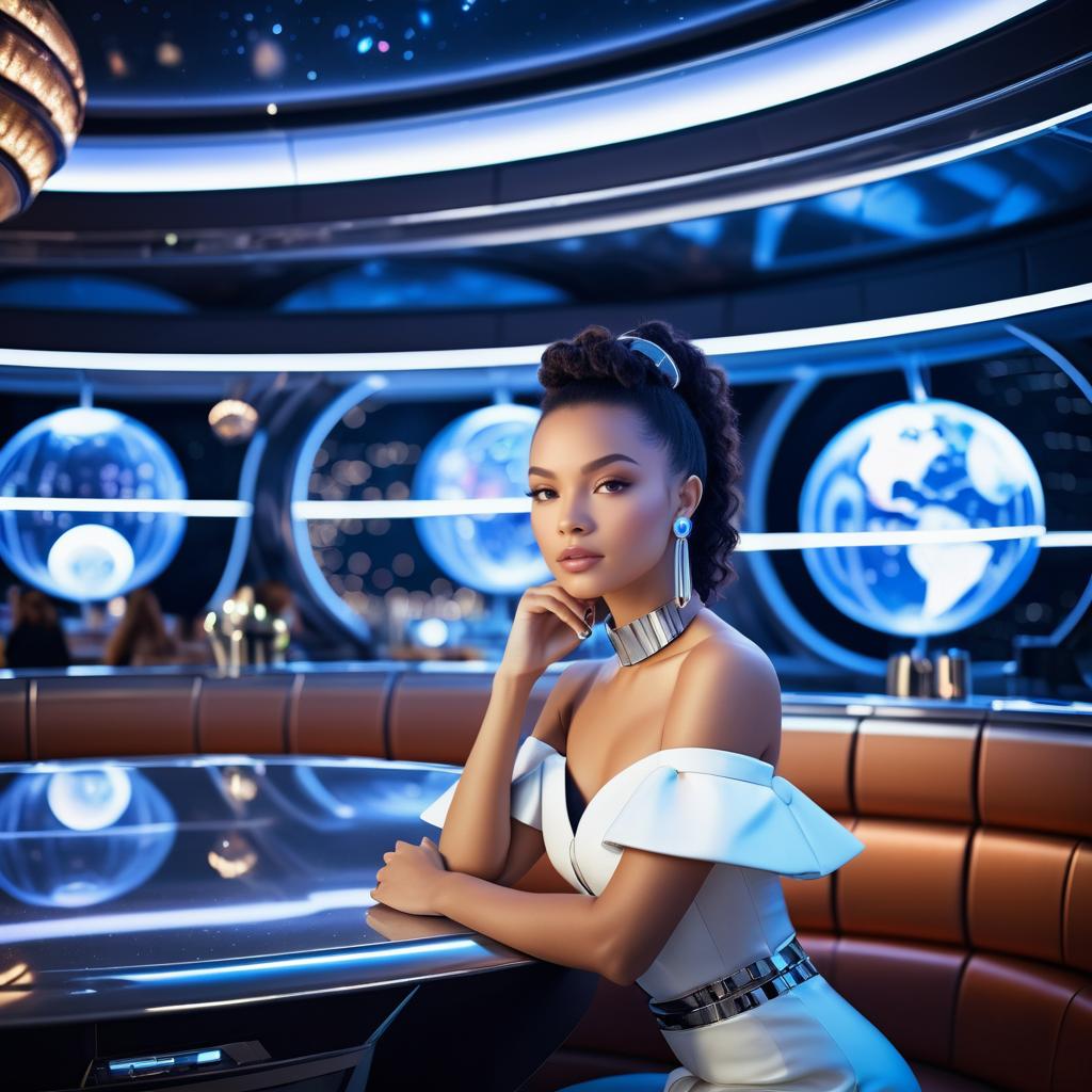 Chic Young Woman in Futuristic Space Dining