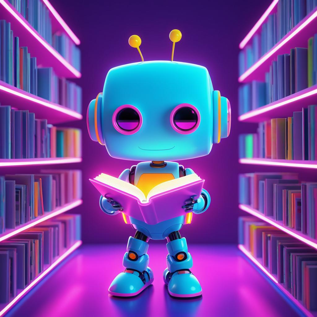 Curious Robot Reading in Neon Colors