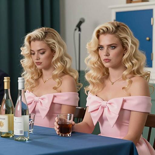 Elegant Women with Blonde Hair in Pink