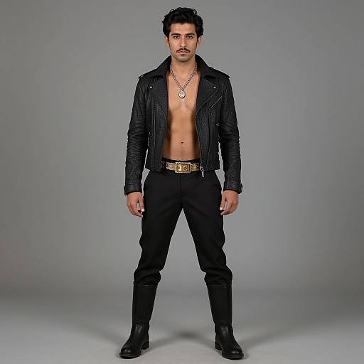 Photograph of a muscular, dark-haired man with a trimmed beard, shirtless, wearing a black leather jacket, black pants, belt, and boots