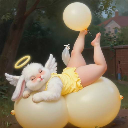 Digital illustration of a white angelic bunny with wings, halo, and yellow dress, lying on large yellow balloons, holding a glowing balloon. Background: