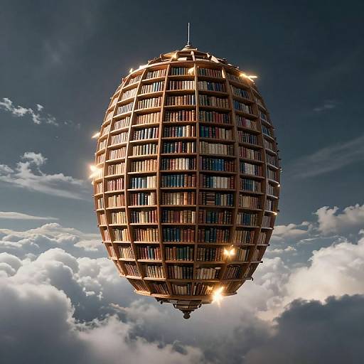 Photorealistic CGI of a spherical, floating library filled with books, illuminated by lights, against a dramatic sky with clouds.