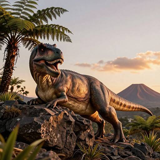 Photorealistic CGI: A large, detailed, golden-scaled T-Rex with sharp teeth and textured skin stands on rocky terrain, surrounded by palm
