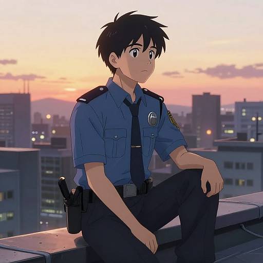 Rooftop Police Anime Boy Sunset