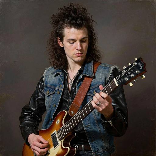 Photograph of a young man with long curly black hair playing a sunburst electric guitar, wearing a denim vest over a black shirt, against a dark