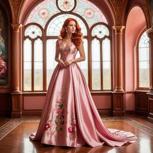 Elegant Woman in Pink Gown in Vintage Room