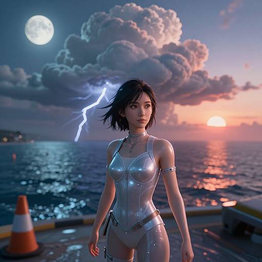 Digital artwork of a silver-clad, short-haired woman with lightning hairpiece, standing on a ship at sunset, moonlit ocean, dramatic clouds.