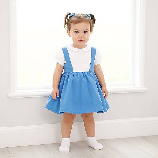 Photograph of a cute toddler girl with light brown hair in pigtails, wearing a blue dress, white shirt, and white socks, standing against