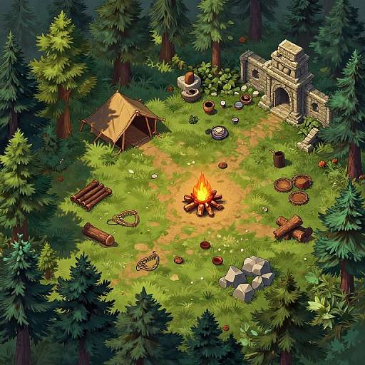 Digital illustration of a cozy forest campsite with a glowing campfire, wooden hut, ancient stone ruins, logs, rocks, and cooking utensils surrounded