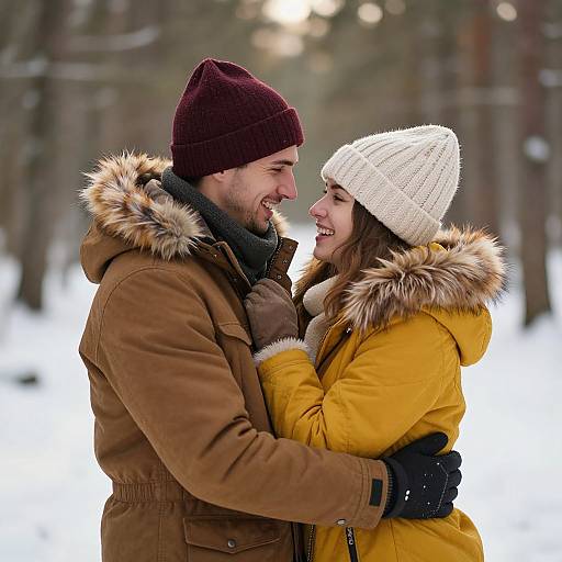 Joyful Winter Embrace in Snowy Forest