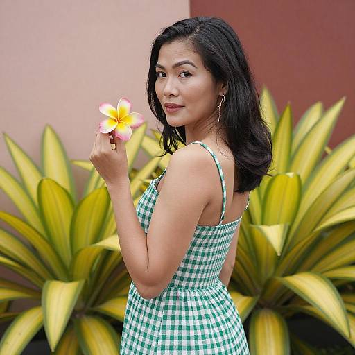 Asian Woman in Garden with Flowers