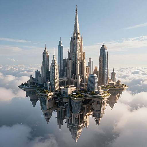 Photorealistic CGI of a futuristic, floating city with towering, glass-clad skyscrapers reflecting below, surrounded by fluffy, white clouds against a
