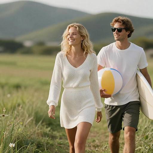 Couple Walking Through Sunny Field with Beach Gear