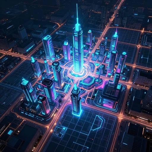 Neon-lit futuristic cityscape aerial view, showcasing glowing blue and pink skyscrapers with illuminated roads, creating a vibrant, cyberpunk aesthetic.