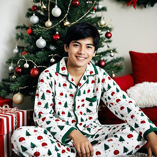 Boy in Christmas Pajamas by Tree