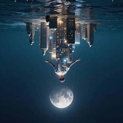 Photograph-like digital art: Person with outstretched arms, suspended underwater, holding city skyscrapers above, illuminated by full moon below.