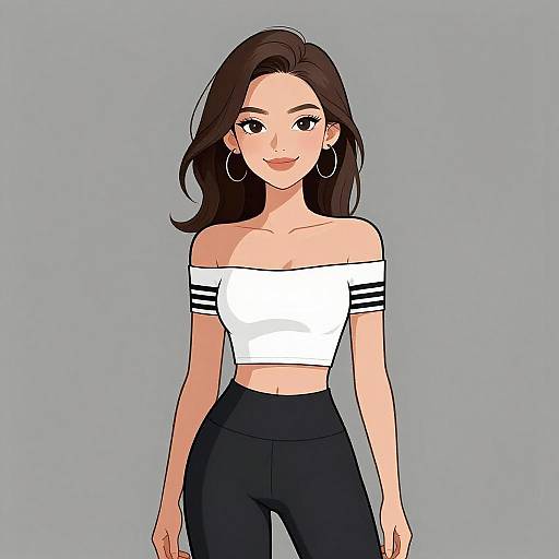 Digital anime-style drawing of a smiling woman with long brown hair, wearing a white off-shoulder crop top and black high-waisted pants.