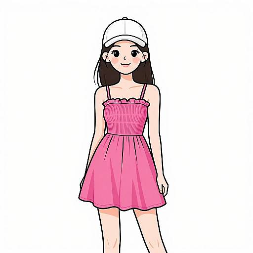 Digital anime-style drawing of a young girl with long black hair, wearing a white cap, pink spaghetti strap dress, and standing against a plain white background