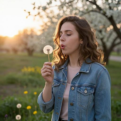 Photograph of a young woman with wavy brown hair, wearing a denim jacket, blowing on a dandelion in a sunlit, blooming