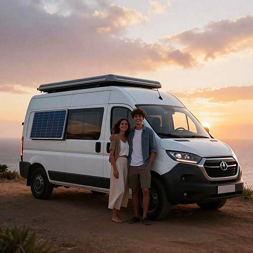 Solar Vanlife Couple on Coastal Cliff